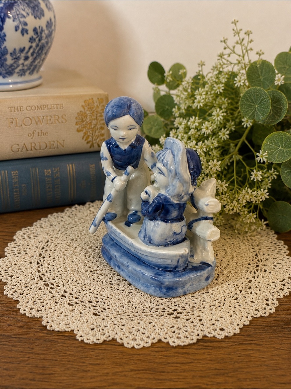 Vintage Blue & White Ceramic Children Figurine Boat Scene - Picture 2 of 5